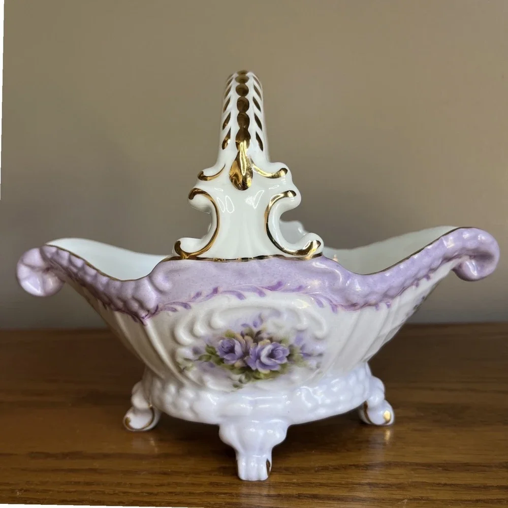 Vintage Cracker Barrel Footed Porcelain Basket Violets 10K Gold Trim Cottagecore